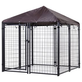 PawHut 5'x 5' Outdoor Dog Kennel with Roof, Steel Dog Fence with Water-and UV-Resistant Canopy, Jet Black