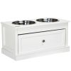 PawHut Elevated Dog Bowls Large Dog Feeder Station with 2 Stainless Steel Bowls Storage Drawer Wood Stand White