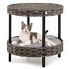 2-Tier Rattan Cat Bed (15"x15") - Washable Padded Cushion, Metal Legs (66 lbs Total Capacity), Gray Finish