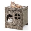 2-Tier Wicker Cat Condo with Litter Mat - Hidden Litter Box Enclosure, Detachable Washable Cushion, Gray Rattan