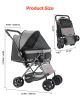 Pet Stroller Foldable 4 Wheels Travel Dog Stroller Reversible Handle up to 44lbs