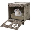 2-Tier Wicker Cat Condo with Litter Mat - Hidden Litter Box Enclosure, Detachable Washable Cushion, Gray Rattan